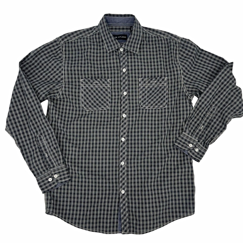 MB Studio Men's M Plaid Button Down Shirt Black White Double Pocket Workwear Y2K